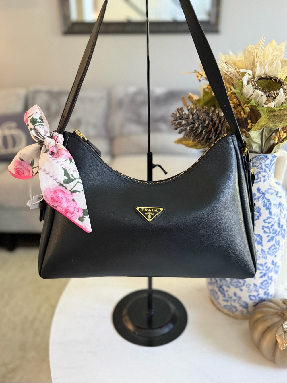 Source Unknown Black Leather Shoulder Bag with Pink Floral Scarf
